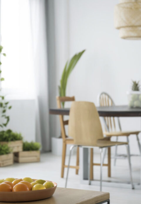 Modern living room with dining area and natural light décor