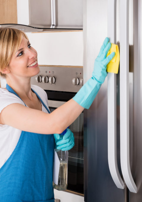 Woman cleaning stainless steel fridge in modern kitchen.